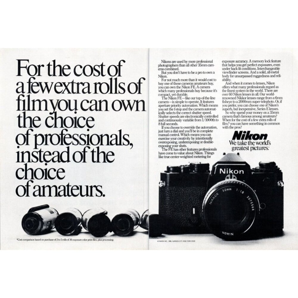 1981 Nikon FE SLR Film Camera 2 Page Vintage Print Ad Photographer Wall Art